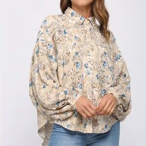 Fate Tan Blue Flower Print Oversized Boho Long Sleeve Button Down Shirt